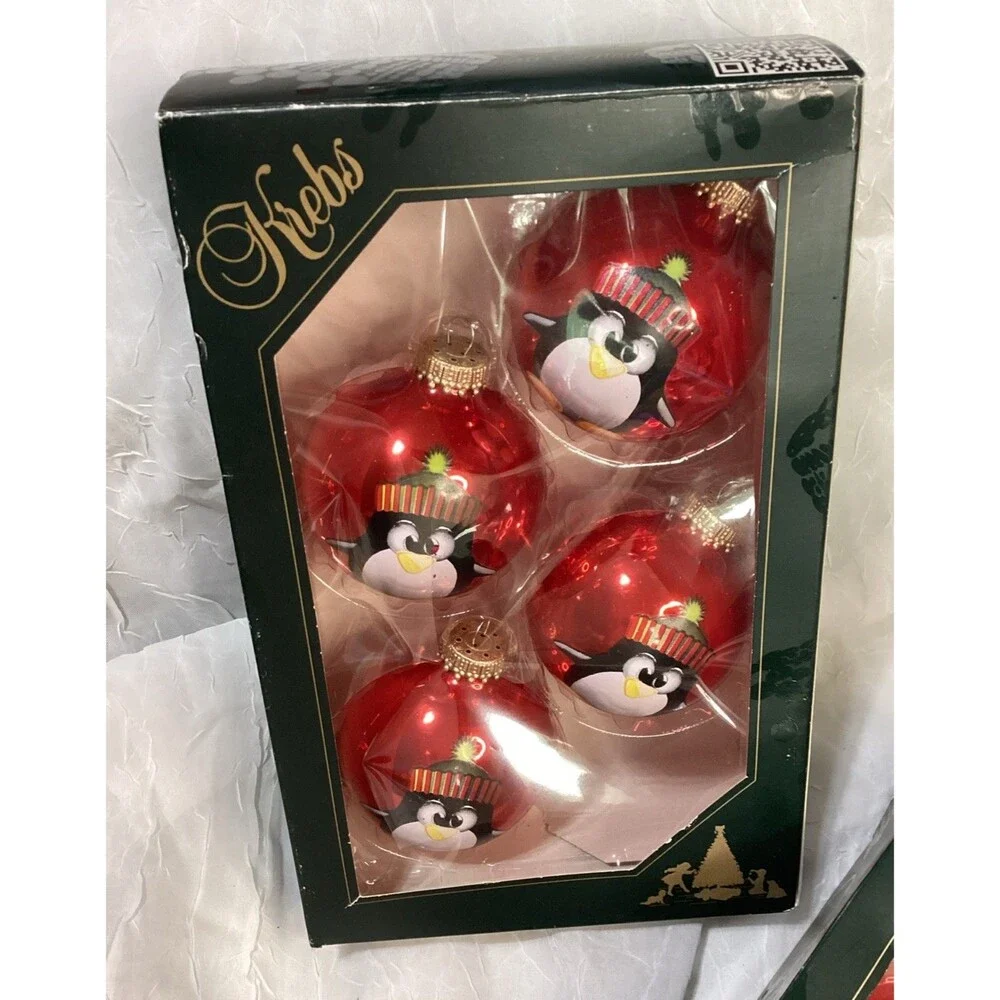 Krebs Glass Ornaments 8 Candy Apple Red Balls With Stocking Cap Penguin 2 Boxes